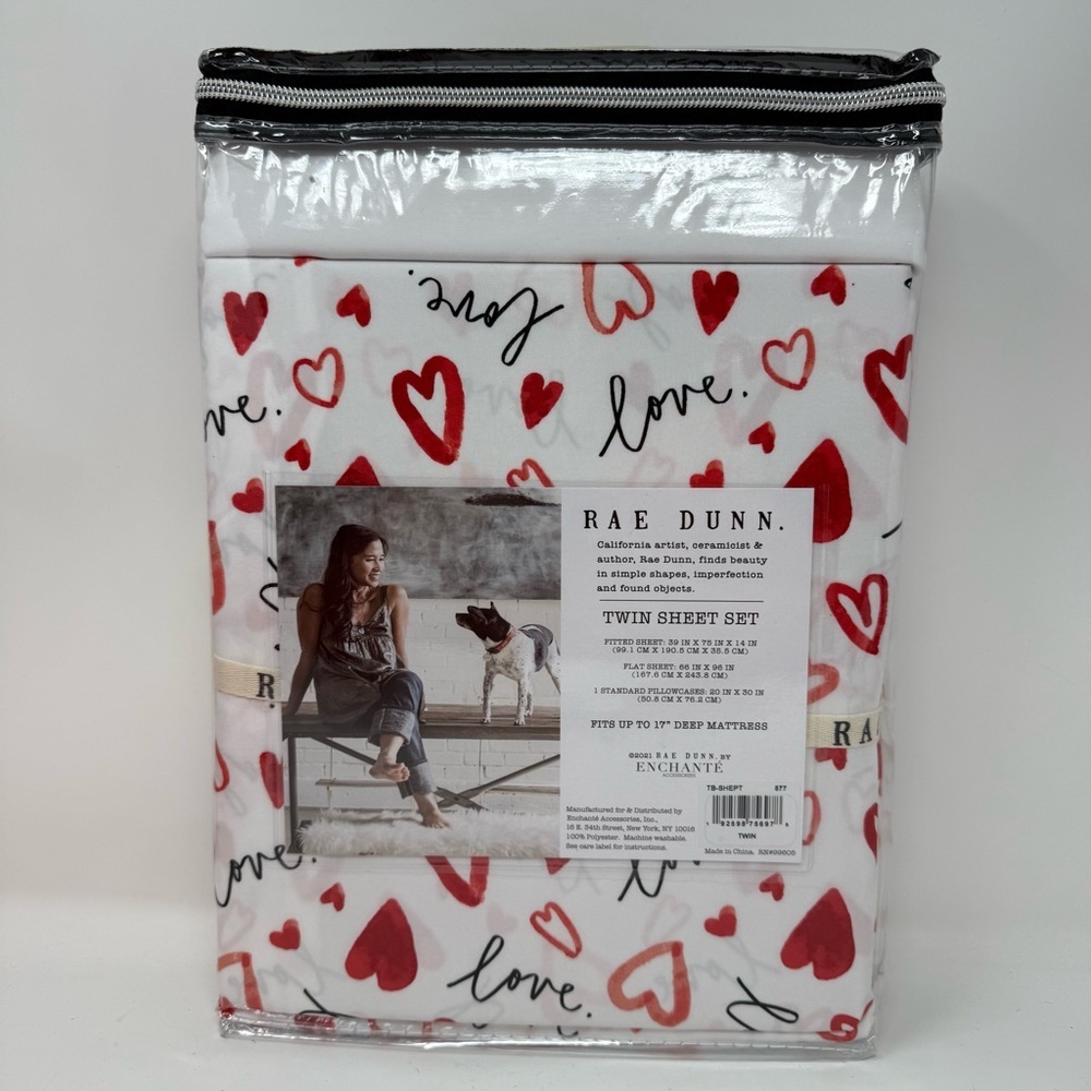 Rae Dunn Twin sheet set Love heart Valentines Day red white NWT